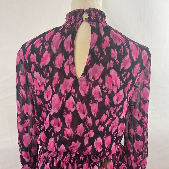 Misa Dress M Black Pink Print Gathered Neck Sleeves Waist Ruffle Long Semi-Sheer - Picture 10 of 13